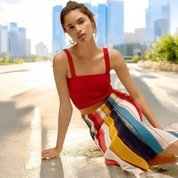 Farm Rio Anthropologie Jimena Knit Maxi skirt in Rainbow Stripe Sz Medium NWT - Picture 1 of 7